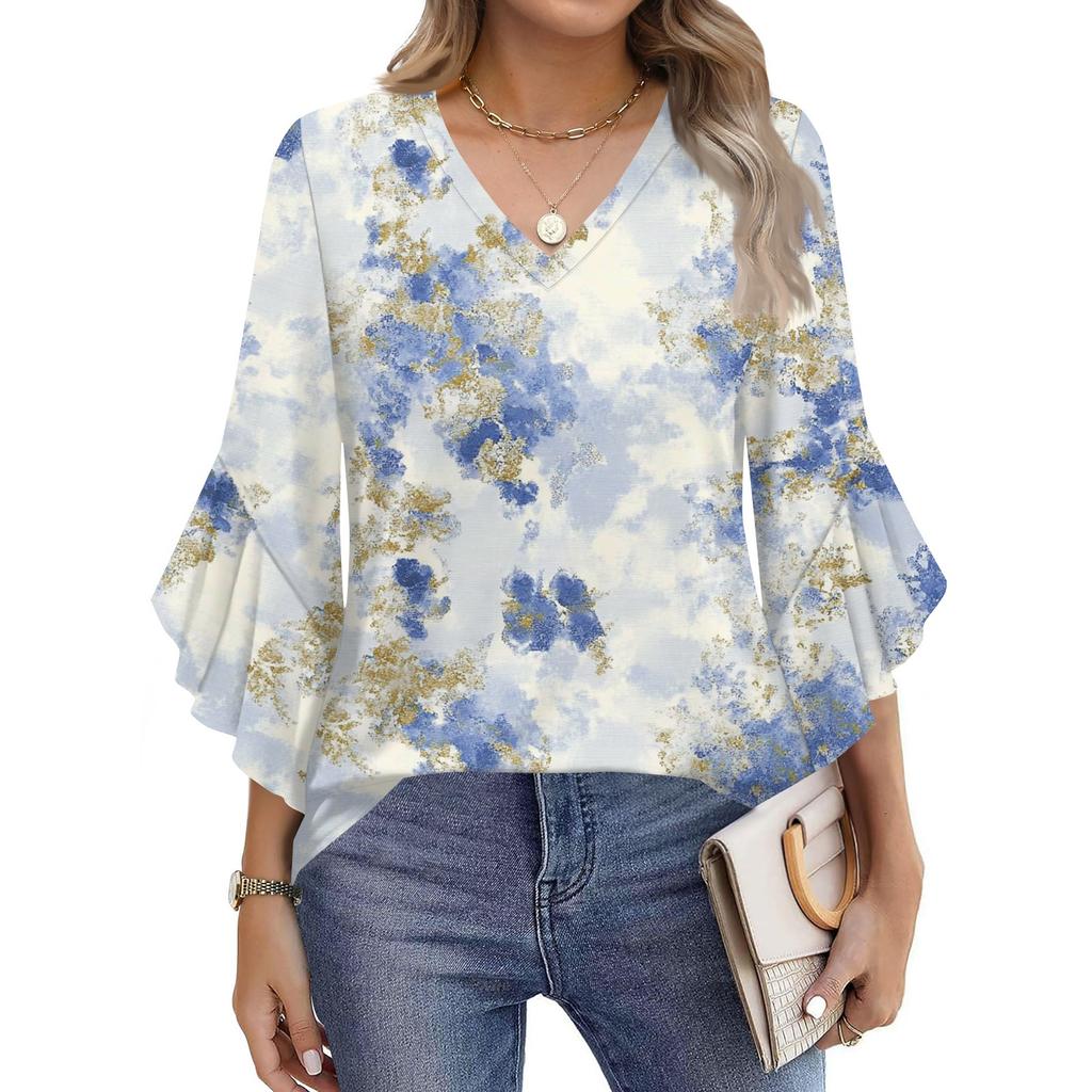 Blouses For Women Dressy Casual 3/4 Length Sleeve Womens Tops V Neck Tshirts Shirts With Flared Sleeve