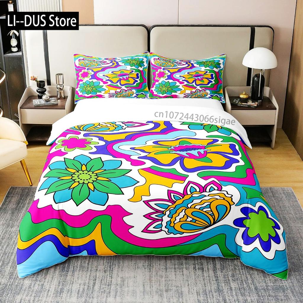 Vintage Floral Pure Cotton Duvet CoverRetro Comforter CoverColorful Daisy Bedding Set with 2 Pillow Sham Full Size 3 Pieces