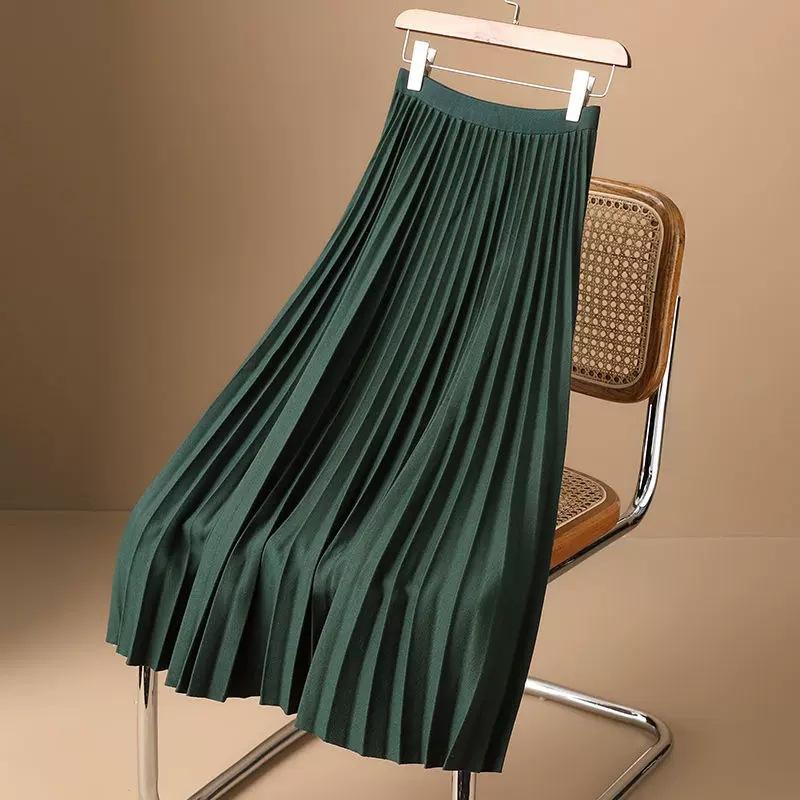 Dark Green Skirt Pleated Skirt Designed For Ladies In Autumn New High-waisted Slim A-line Skirt Organ Skirt Drooping Midi Skirt High Quality