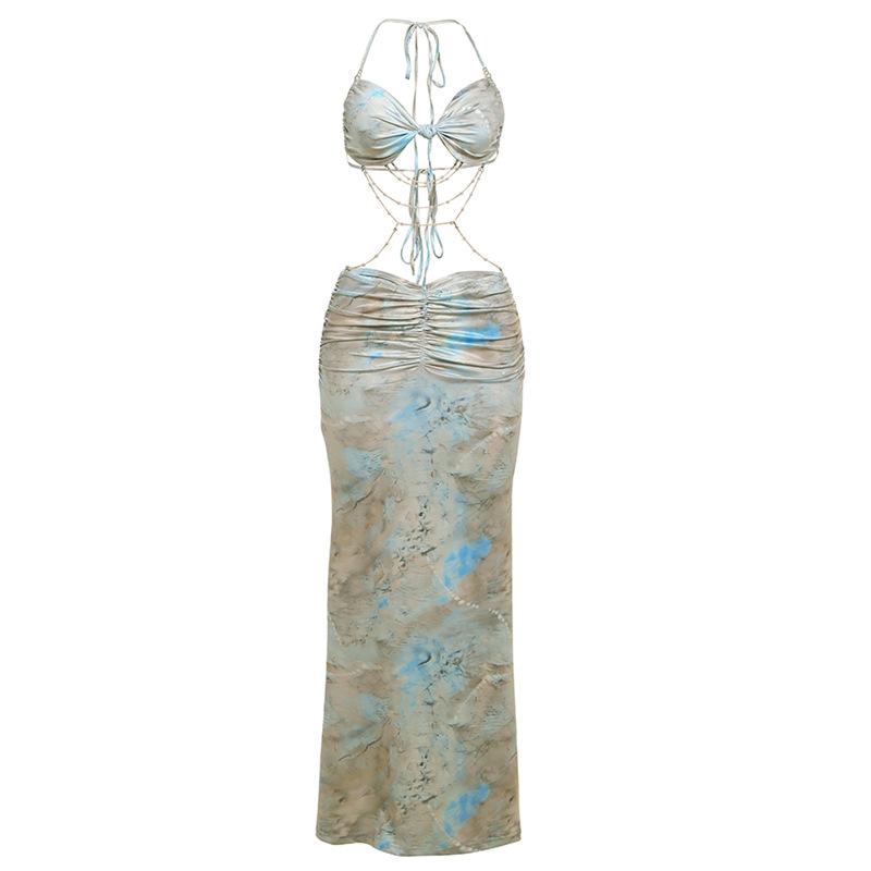 

Весна Новая Женская Одежда Холтер Завязка Бусы Ожерелье Украшение Приталенное Без Спины Сексуальное Платье Горячей Девушки Женское M зелёный