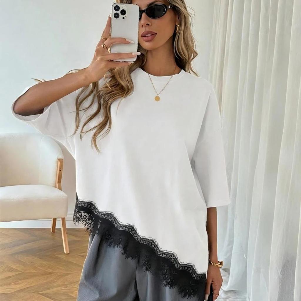 2026 Summer Women's Clothing New Style Temperament Design Sense Diagonal Hem Lace Splicing Short Sleeved Plus Size T-shirt Top For Women