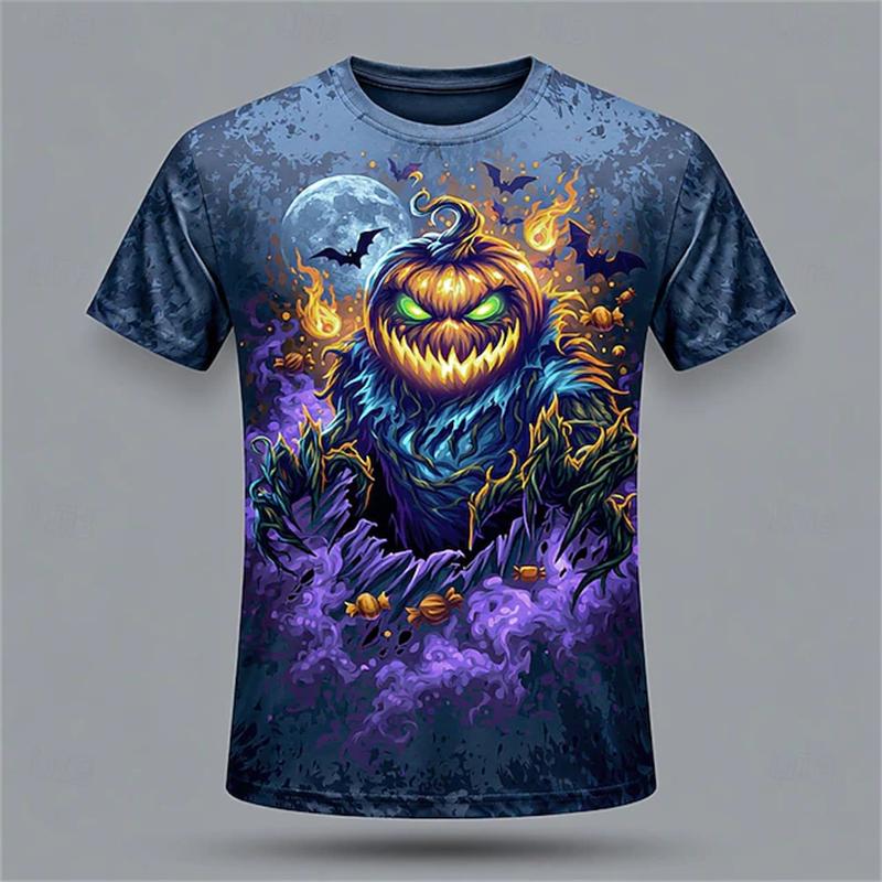 Men's Summer 3D-Printed Round-Neck Short-Sleeve T-Shirt with Tear-Art Pumpkin Scarecrow Beer and Halloween Horror Theme