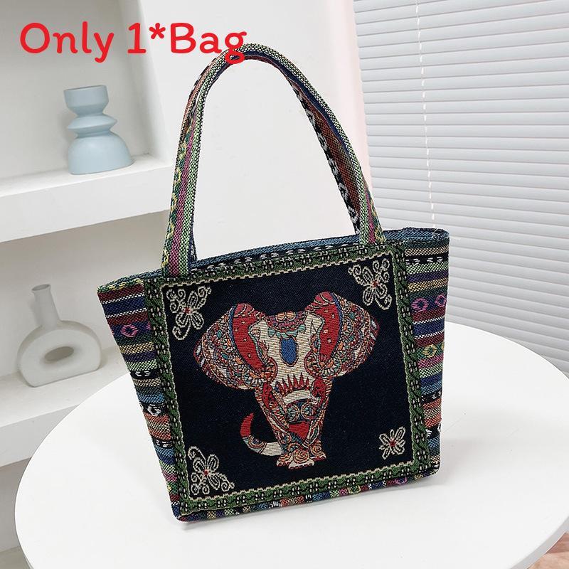 Elephant Embroidered Canvas Handbag With Dual Handles For Casual Daily Use