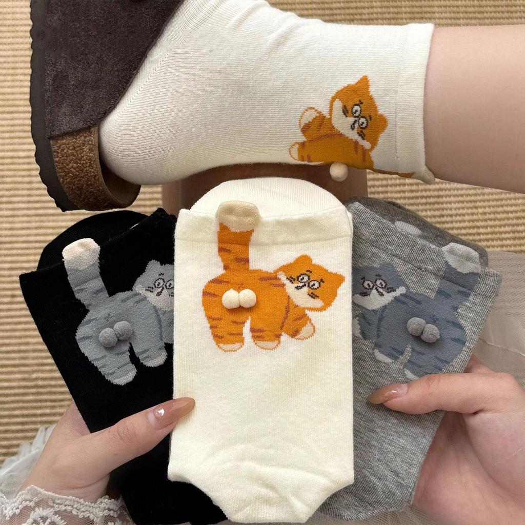 Dámské roztomilé kočičí podkolenky z bavlníku Xinjiang s 3D kuličkovým designem - pro nošení od jara do podzimu