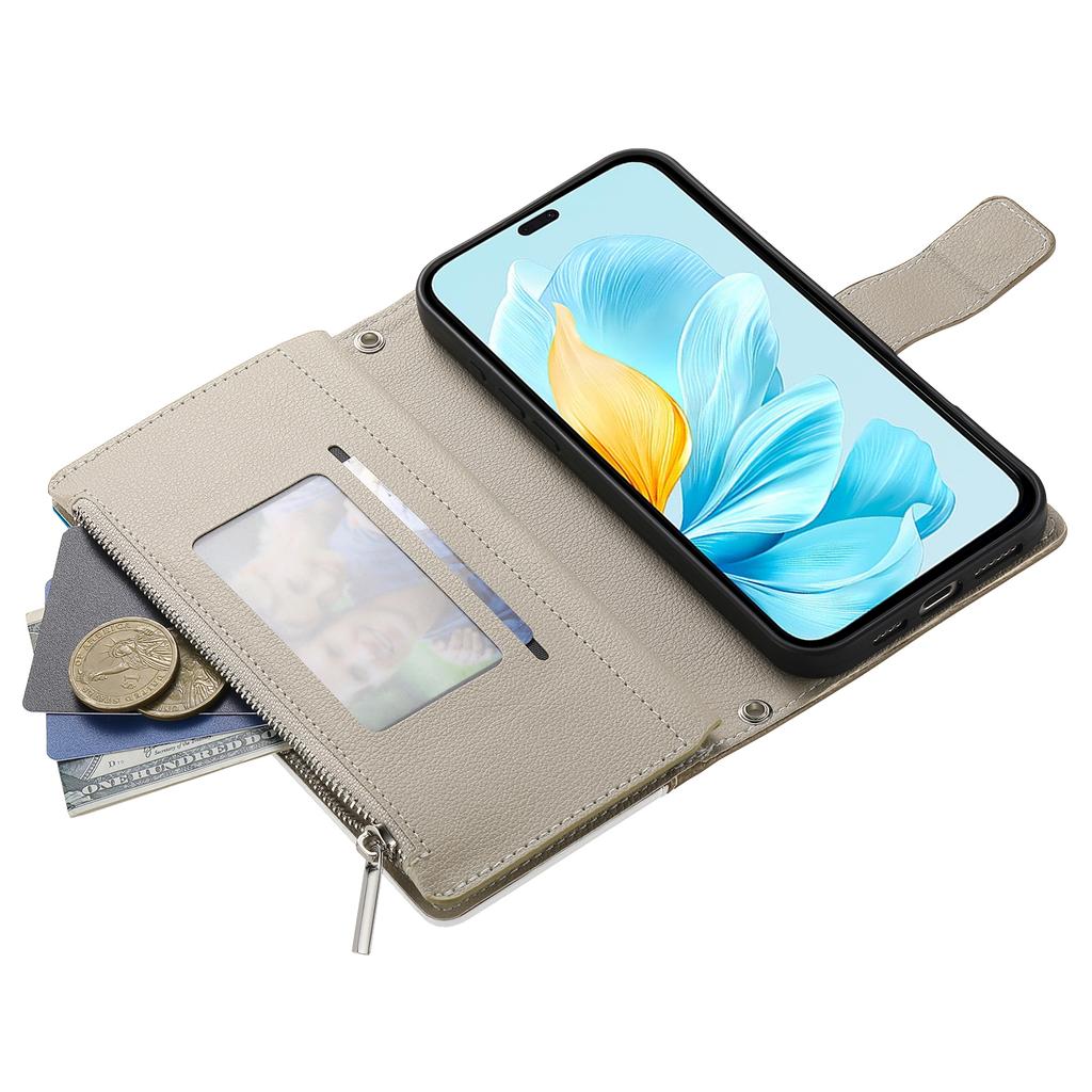 For Honor 200 5G Case Zipper Wallet Color Splicing Leather Flip Phone Cover with Straps