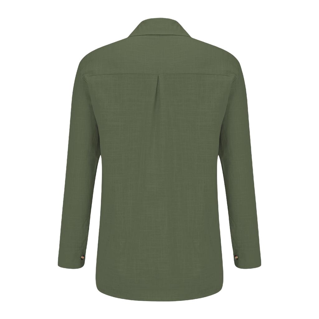 Women's Loose Cotton Linen Color Long Sleeve Cardigan Irregular Pocket Shirt Top
