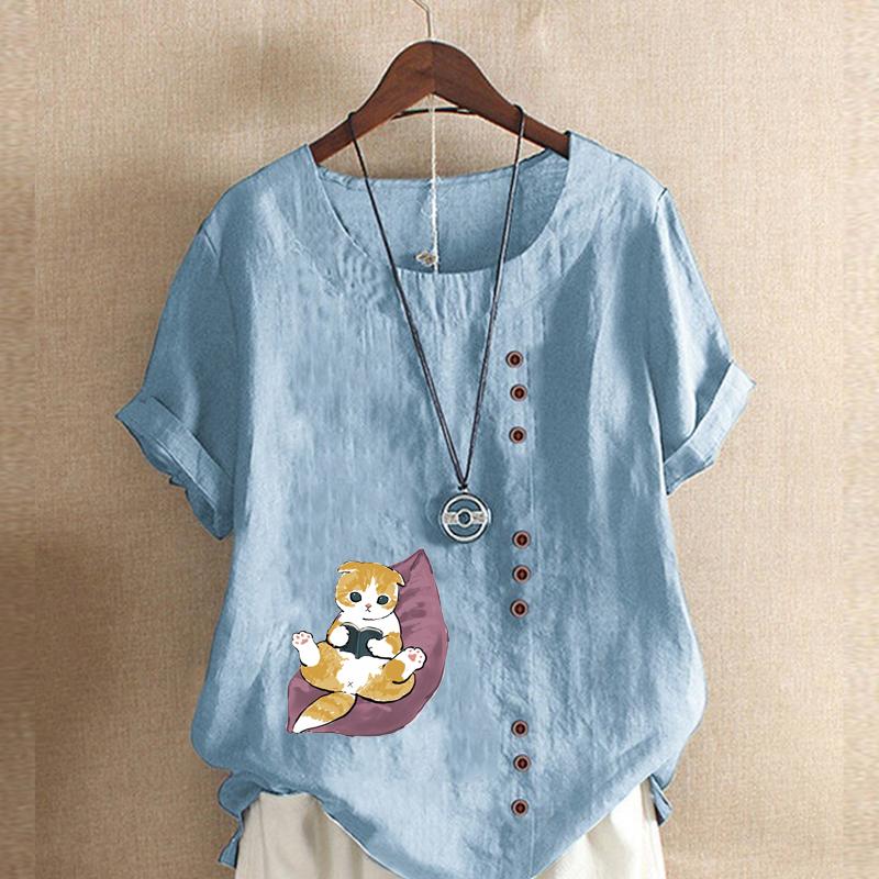 Moda feminina bonito gato impresso manga curta camiseta solta algodão camisa casual solto verão blusa tops plus size