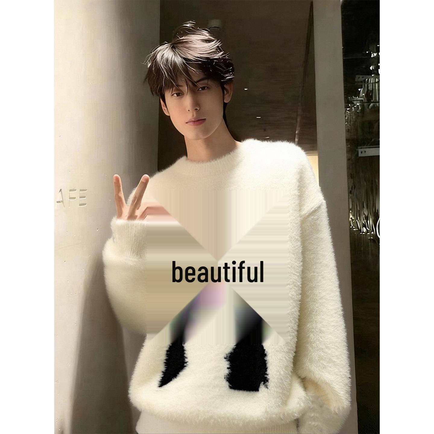 Men s Cartoon Puppy Faux Mink Sweater - Winter Round Neck Knitwear for Couples 2XL