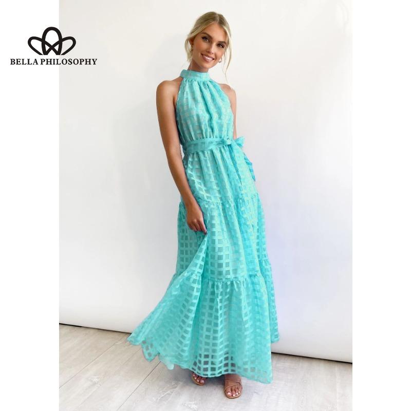 Evropská americká léto Nové pro volný čas Špičkové šaty bez rukávů v pase Velká houpačka Lehký vítr Plážové prázdninové šaty ke krku