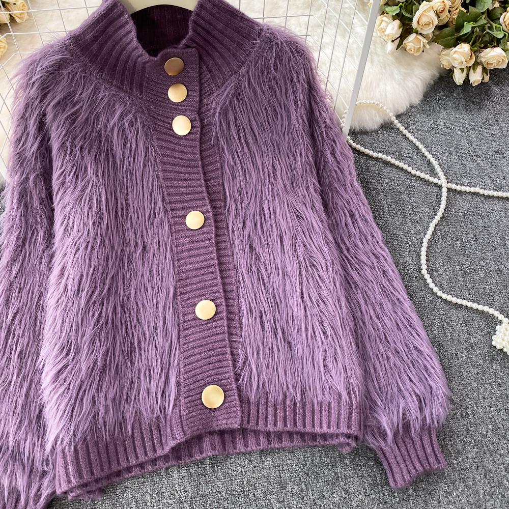 Imitation Mink Sweater Fashion Stand-UP Collar Loose Top Women's  Autumn/Winter Korean Soft Comfortable Cardigan Solid Coat