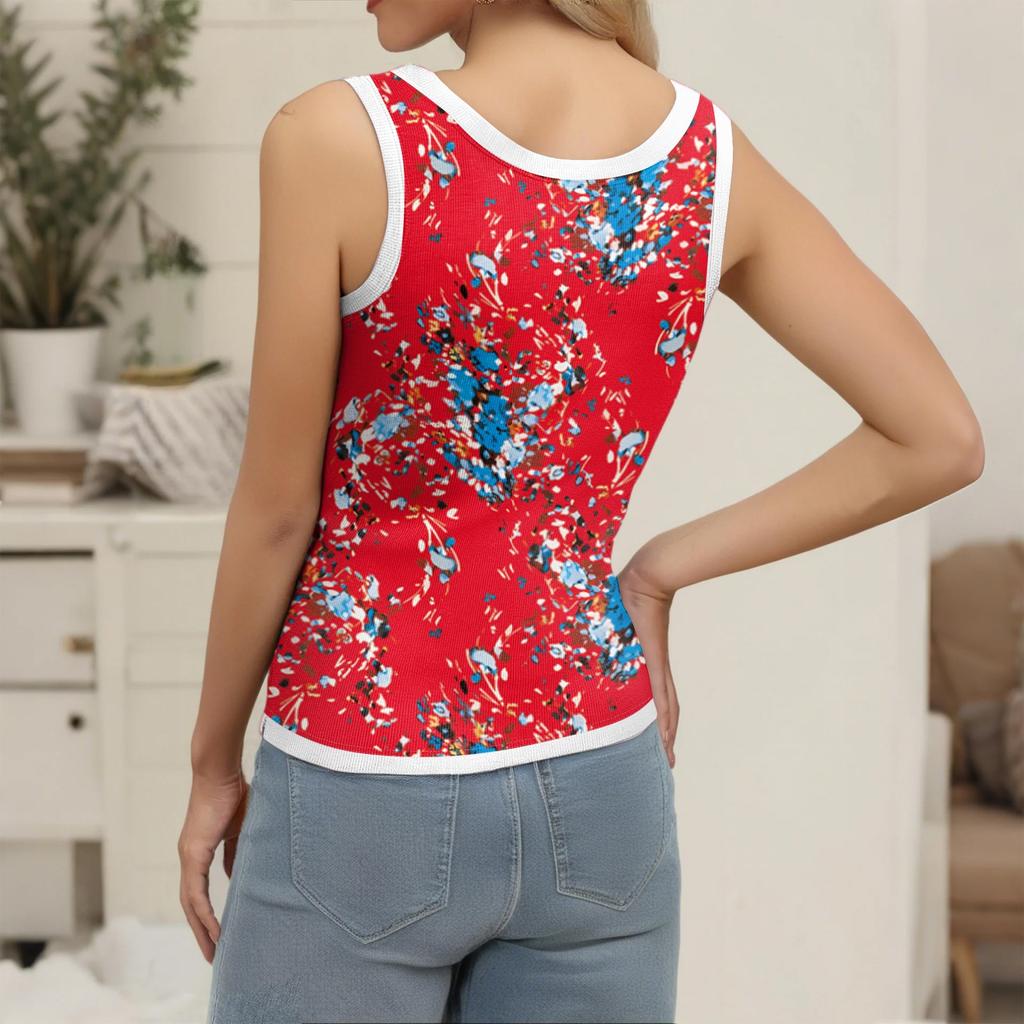 Women's Ribbed Tank Top Sleeveless Beach Printed Knit U Neck Shirt Summer Casual Tank Top