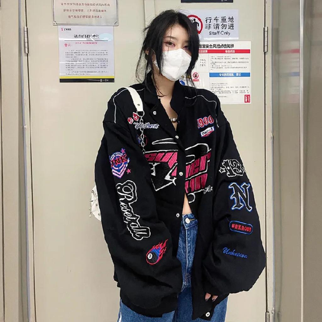 American- Racing-Inspired Thickened Baseball Jacket For Women: Spring/Fall Retro “It Girl” Street- Printed Jacket, Biker Jacket