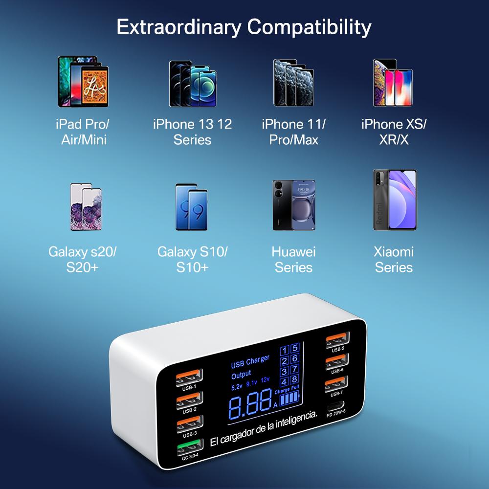 Φορτιστής USB Γρήγορης Φόρτισης 8 Θυρών QC3.0 Γρήγορη Φόρτιση Type C Έξυπνος Σταθμός Φόρτισης Ψηφιακή Οθόνη LCD USB Πολλαπλών Θυρών για Τηλέφωνο