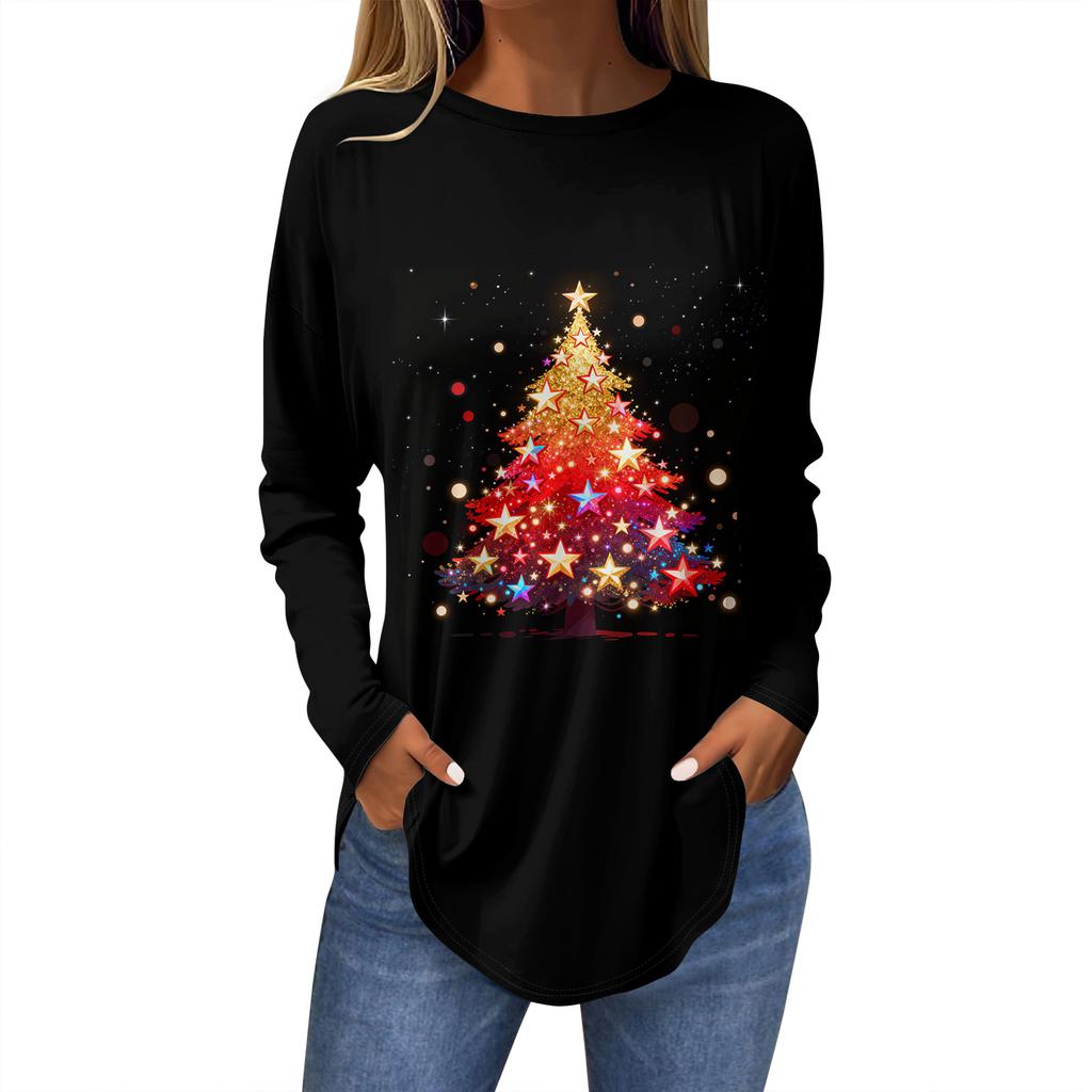 Dames Losse Comfortabele Casual Mode V-Hals Kerstprint Lange Mouw Hoodie