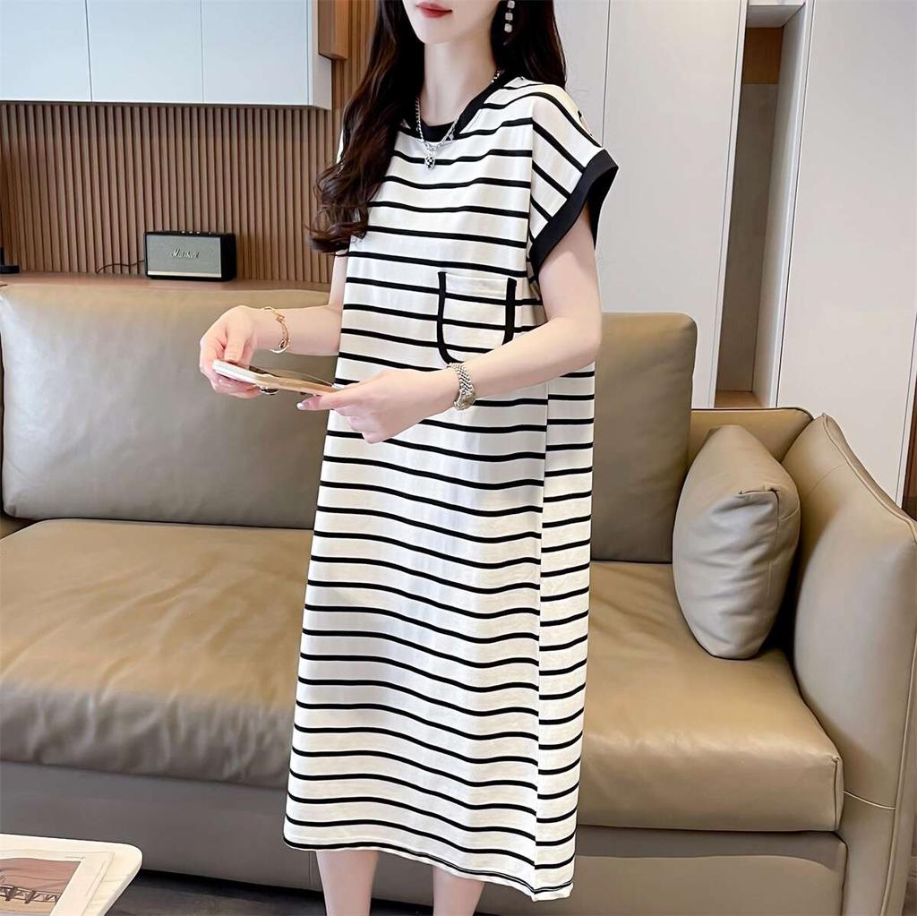 Long Loose and Thin Striped Dress, New Summer Niche Design Casual T-shirt Skirt