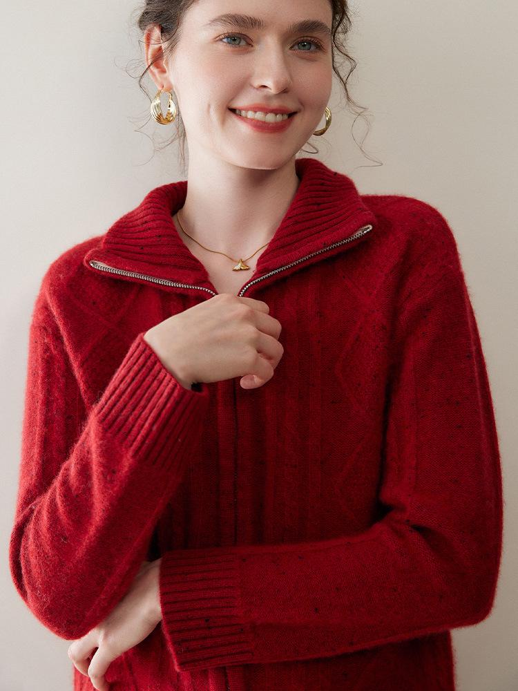2025 Autumn/Winter Women's Diamond Pattern Cashmere Cardigan - Gentle Style Short Zipper Jacket