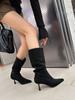 2025 new boots women's medium boots autumn pointed toe thin heel high heel women's boots suede big boots pile boots tide