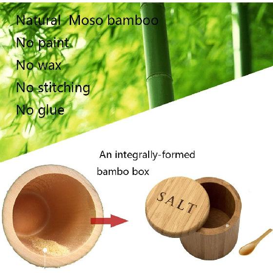 Salt Cellar, Bamboo Salt Box, Salt Container With Spoon, Salt Holder With Lid, Salt Shaker, Cumin and Pepper Bowl with Magnetic Swivel Lid