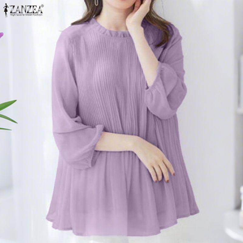ZANZEA Women Casual Round Neck Solid Color 3/4 Sleeve Blouse