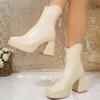 2026 Grande Taille 43 Élégantes Bottines Zippées Vintage Plateforme Femmes Courtes Talons Épais Hauts Bottines Chaussures de Ville Beige