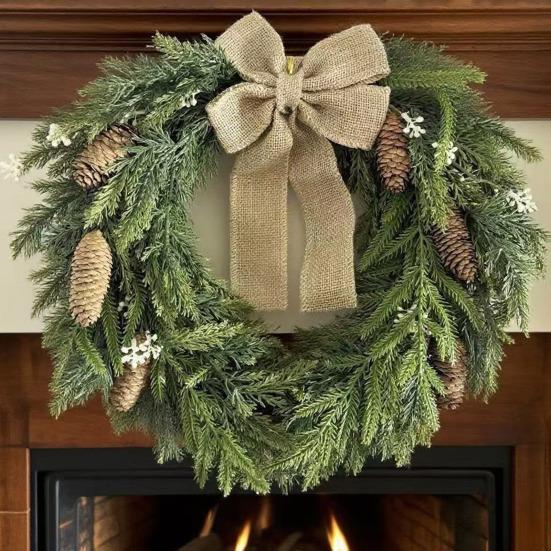 20 Inch Christmas Wreath for Front Door Real Touch Norfolk Pine Wreath with Cow Bell Pine Cones And Bow Faux Greenery Wreath for Window Wall Farmhouse