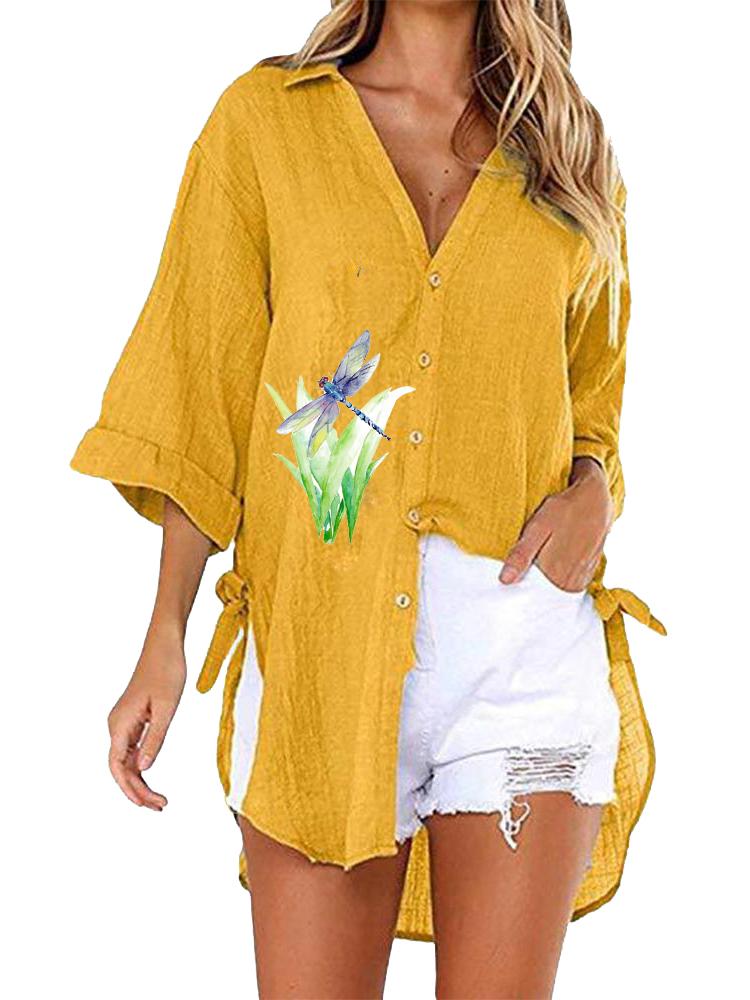 

Женская модная блузка с принтом, повседневный топ с рукавом три четверти, женская футболка свободного кроя с V-образным вырезом 5XL жёлтый