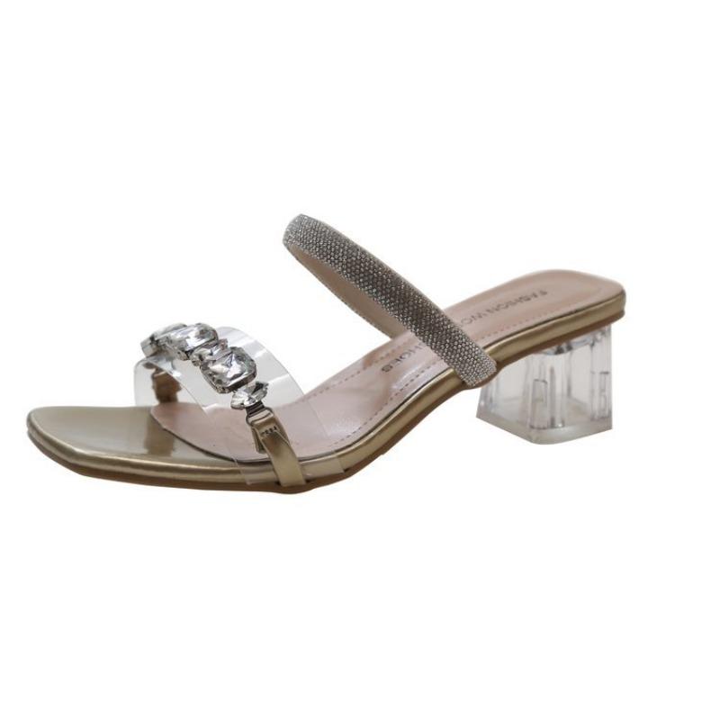 

Однословные стразы прозрачные крутые тапочки женские летние новые темпераментные фея высокие каблуки квадратный носок толстый каблук сандалии 42 золотой