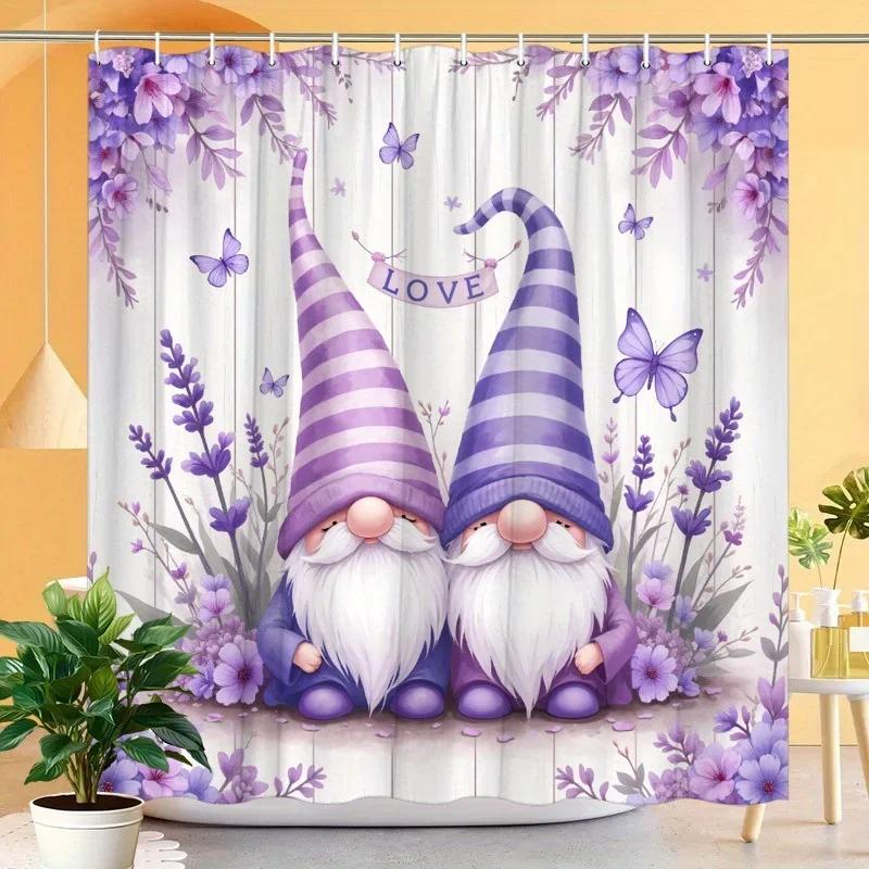 Baifenbai Home Furnishing Lavender Whimsical Gnomes In Garden Shower Curtain - Water-Resistant, Easy To Clean, Adds A Magical And Cozy Touch To