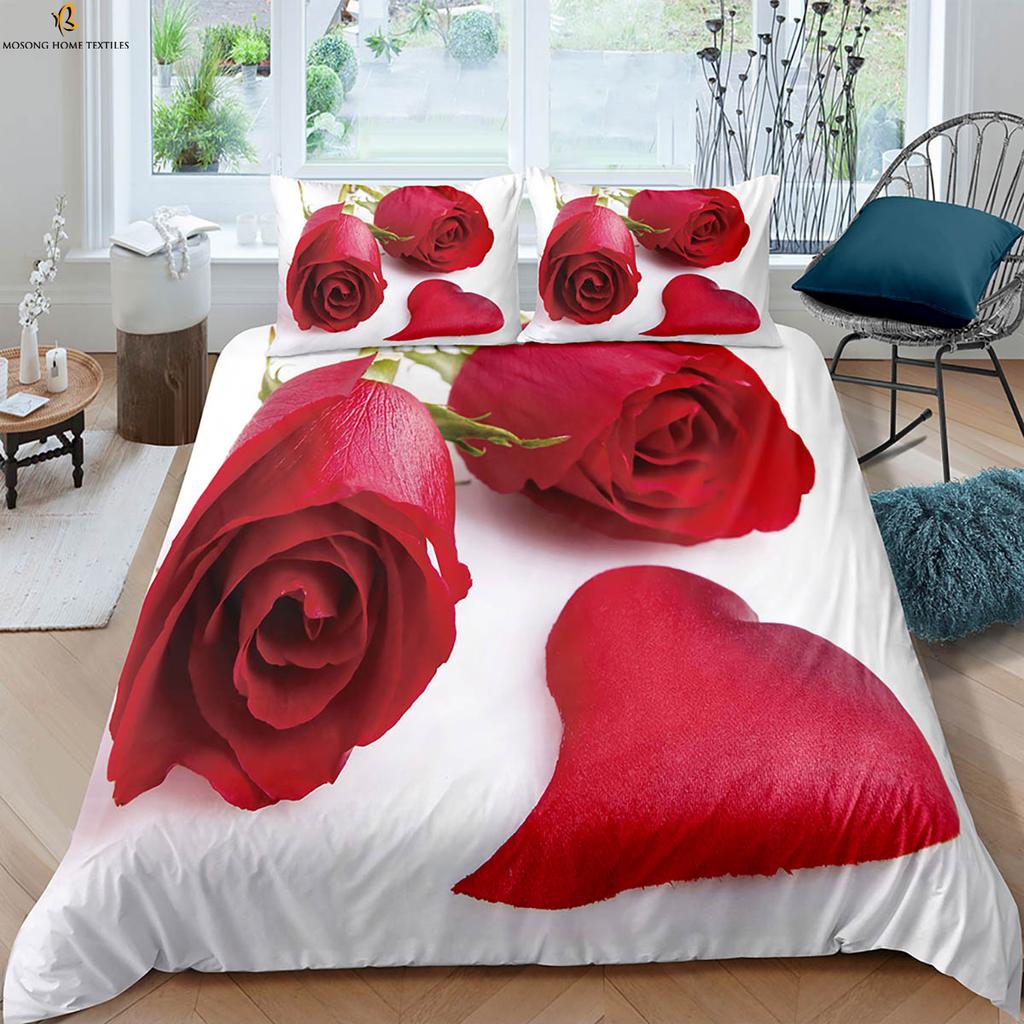 Retro Red Rose 3d Printed Quilt Cover Romantic Gift Bedding Set Quilt Cover Pillowcase Three-Piece Set 100% Polyester