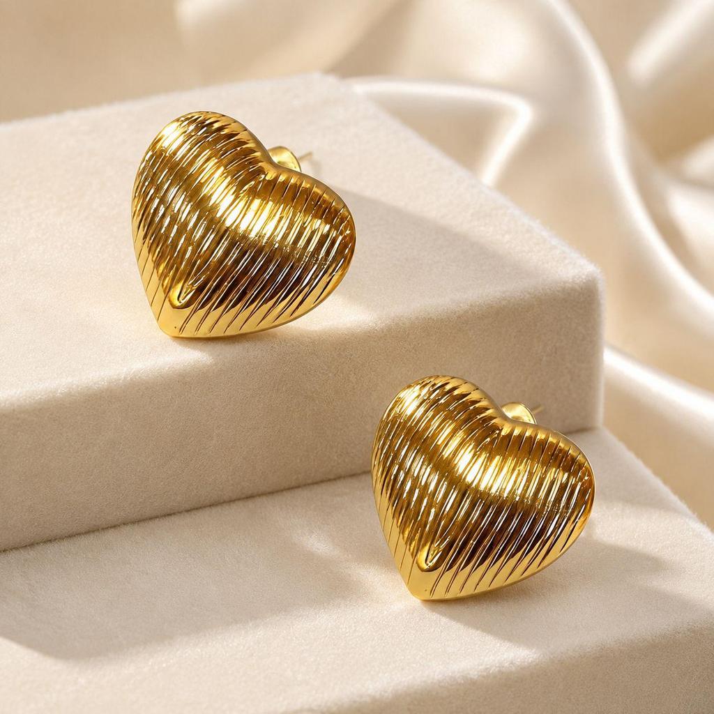 Gold Heart Vertical Stripe Stainless Steel Fashion Earrings