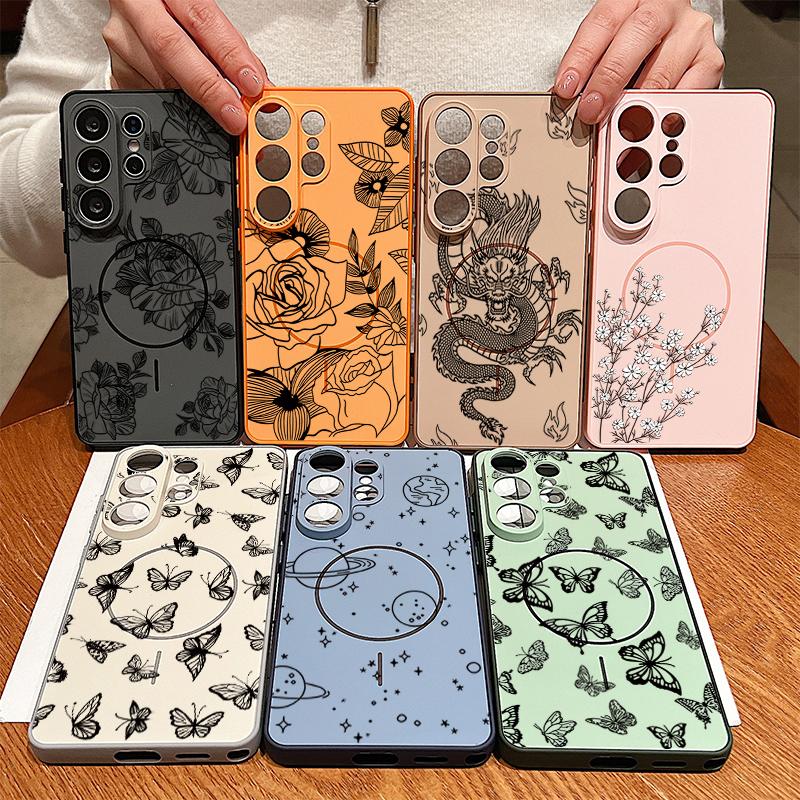 Line Rose Butterfly Floral Pattern Case For Samsung Galaxy S26 Ultra S25 Edge S24 Plus S23 FE S22 A17 A54 A55 A56 A57 5G Magnetic For Magsafe Cover