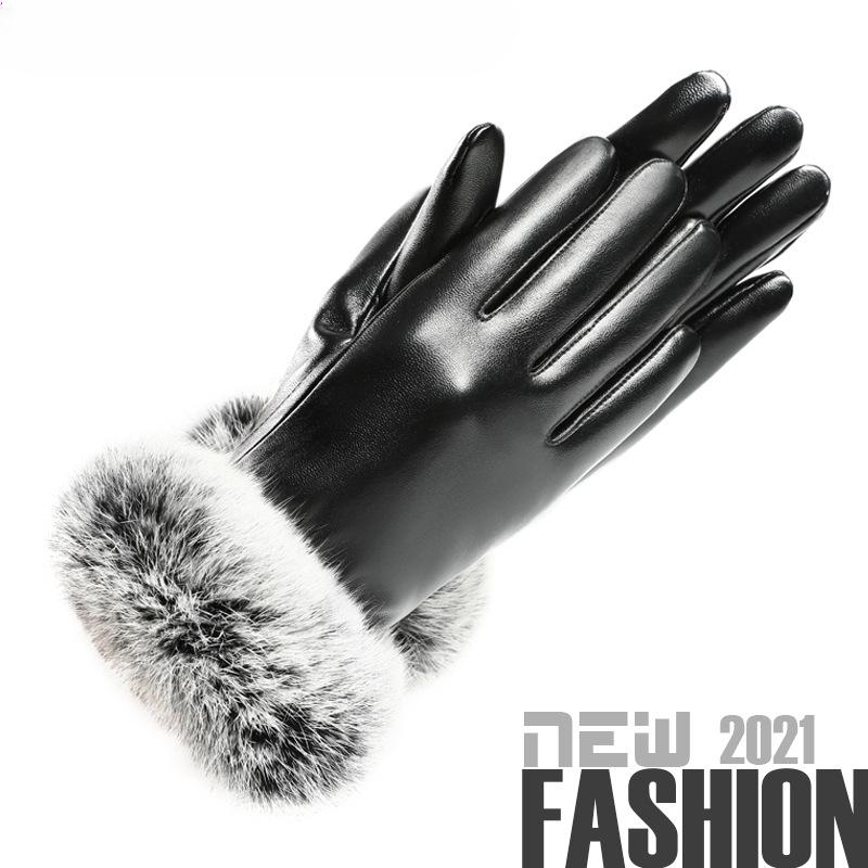 Leather Gloves for Women In Winter Touch Screen Plus Velvet Thickened Warm Real Rabbit Fur Thin Style Bike Riding Rabbit Fur Leather Gloves