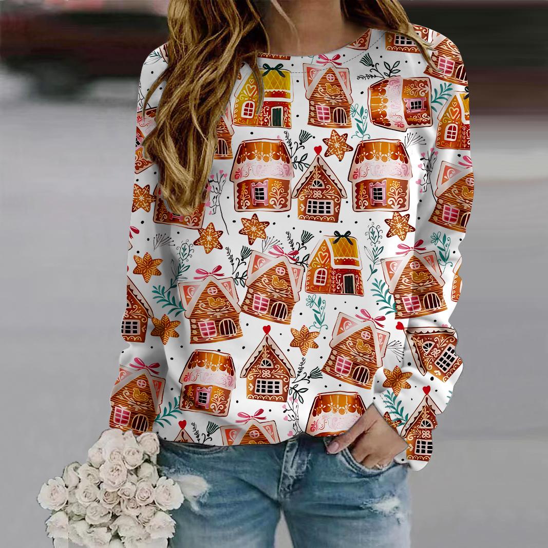 

Осенняя женская мода с круглым вырезом и длинным рукавом, свободная одежда, футболка с принтом в виде маленького подарка 8XL дубильная кора