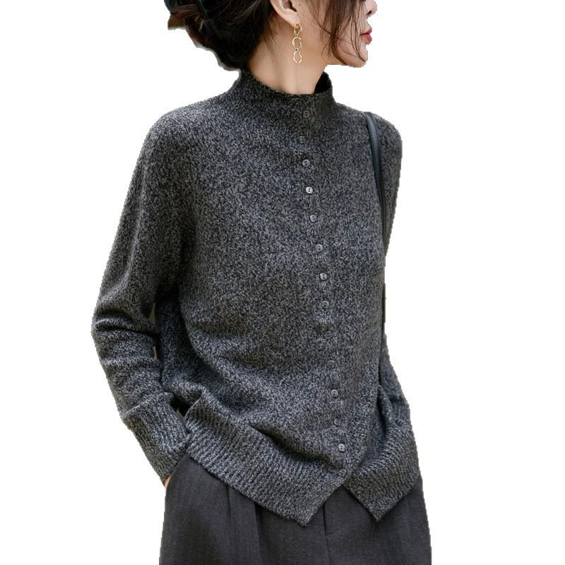 Women's Flecked Knit Stand-up Collar Cardigan - Autumn/Winter Long Sleeve Sweater Coat