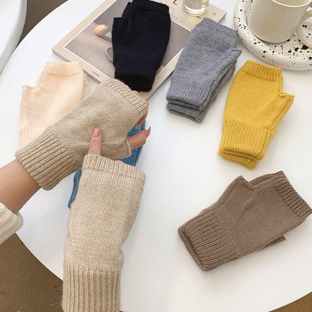 Women Girls Warmth Thick Half-finger Wool Fingerless Mittens Knitted Gloves