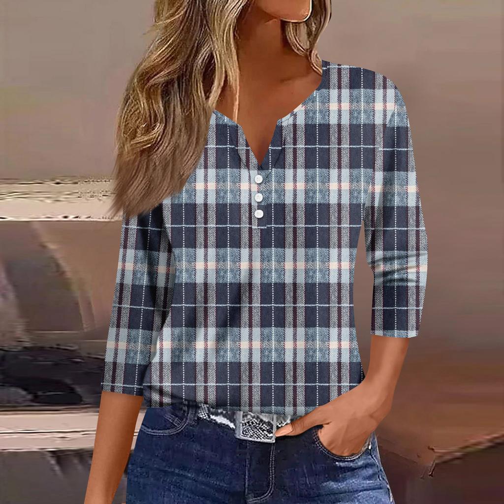 Women's Fashion Casual Three-quarter Sleeve V-neck Floral Print Top