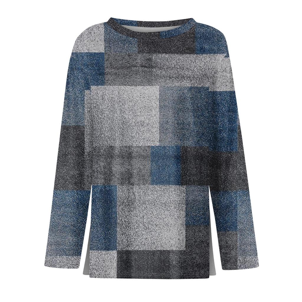 Damenmode Saum Schlitz Lässig Farbverlauf Blumendruck Rundhals Langarm Top