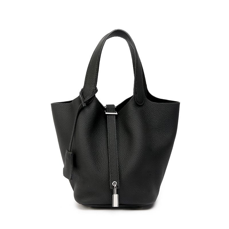 Genuine Leather Large-capacity Vegetable Basket Women's Bag High-quality and Exquisite Lychee Pattern Hand-held Bucket Bag