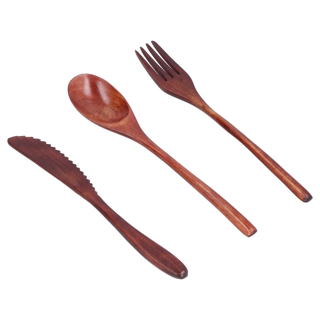 Zestaw 3 szt. noży, widelców i łyżek, drewniane, przenośne sztućce do deserów, do domu i hotelu