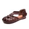 2026 Summer New Woven Mules Women Genuine Leather Low Block Heel Roman Style Sandals With Hook And Loop Closure