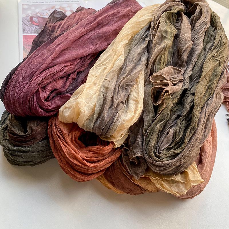 Retro Ethnic Style Cotton and Linen Scarf Women Tie-dye Long Folds Gradual Change Color Shawl Korean Literary Fresh Cotton Silk