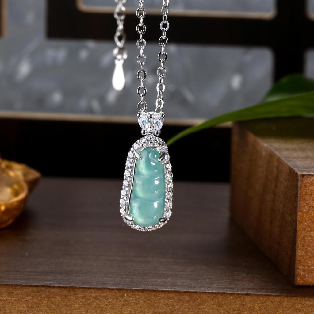 Burmese Blue Water Jade Gourd Pendant Necklace with S925 Silver - Chinese Style for Women
