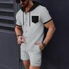 Men's Color Block Hooded Short Sleeve Cardigan Jacket and Shorts Set for Summer