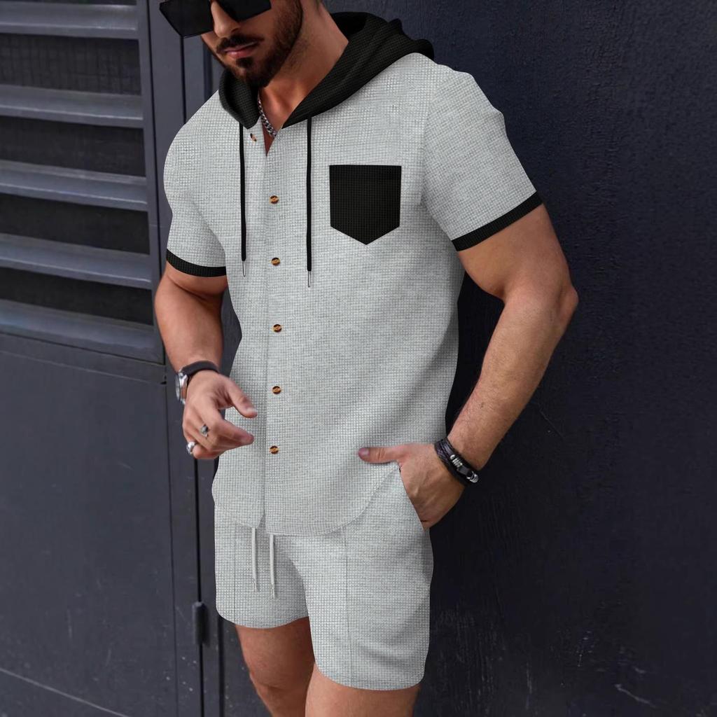 Men's Color Block Hooded Short Sleeve Cardigan Jacket and Shorts Set for Summer