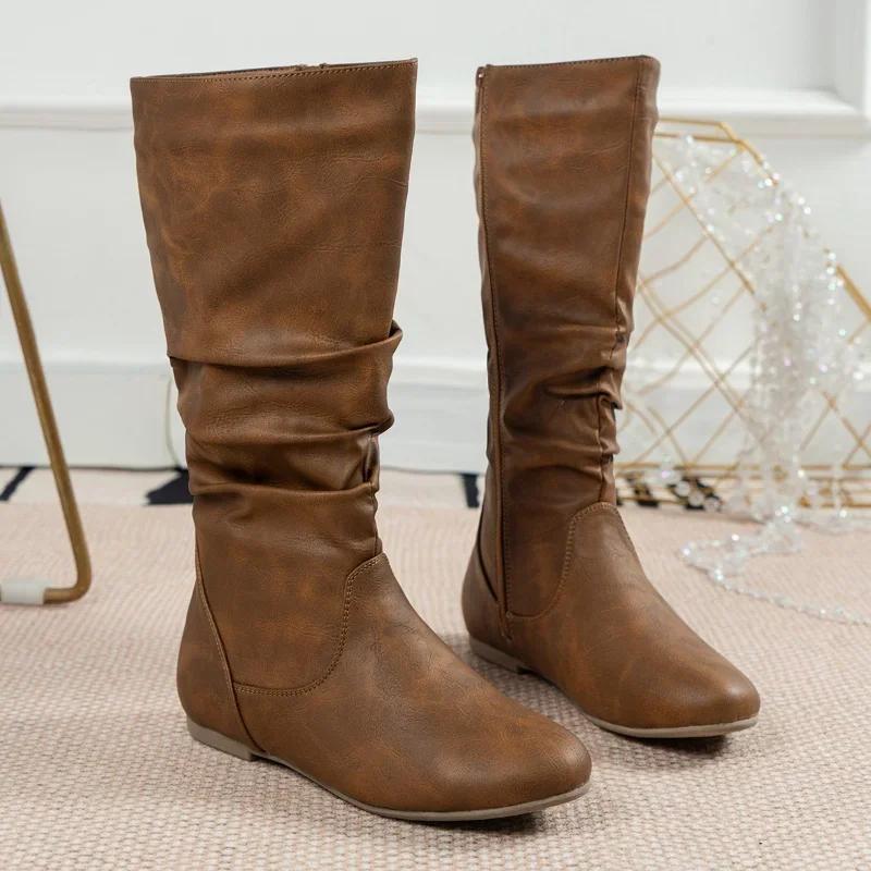 Women'S Riding Boots Fashion Plus Size Soft Leather Zipper Knee High Boot Slip On Ladies Thigh High Knight Flat Shoes Autumn New
