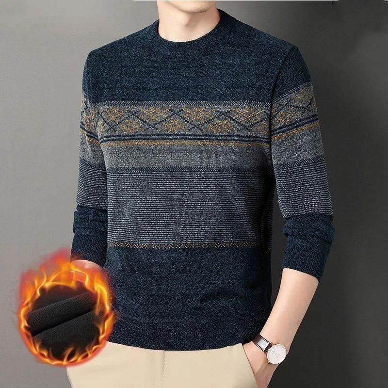 Męski sweter z długim rękawem Zimowy dla mężczyzn w średnim wieku Casualowy modny Okrągły dekolt Aksamitny Pogrubiony Ciepły Dzianinowy