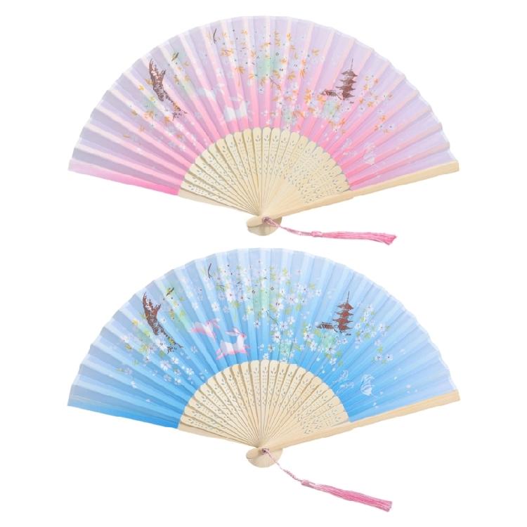 2Pcs Florals Folding Hand Fan Handheld Folding Fan with Flower Pattern Fabric Folding Fan for Wedding Dancing Party