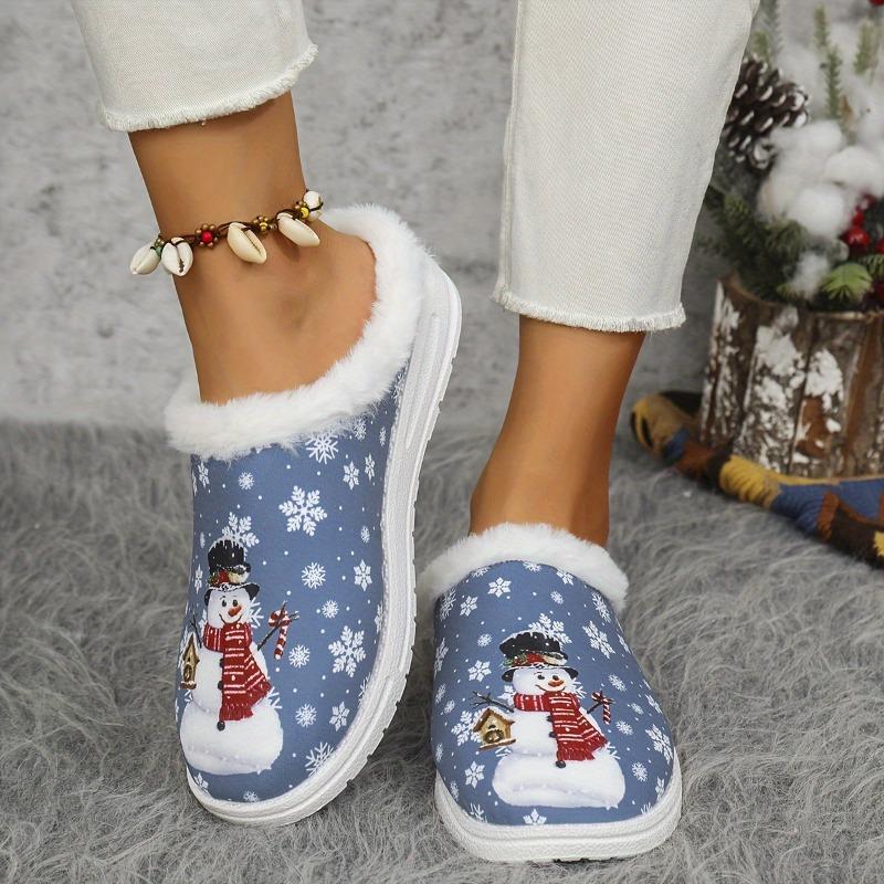 Women'S Winter Slippers Non-Slip TPR Sole Soft Indoor House Shoes with Snowman Design