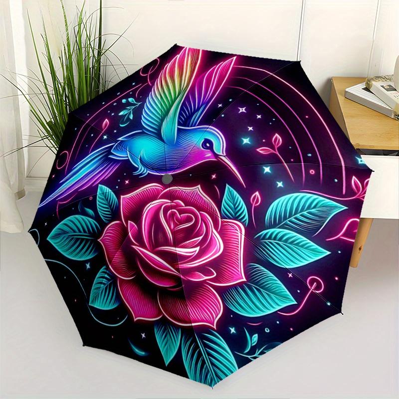1pc Neon Hummingbird and Rose Automatic Opening and Closing Umbrella - Small Umbrella Suitable for Various Occasions R079
