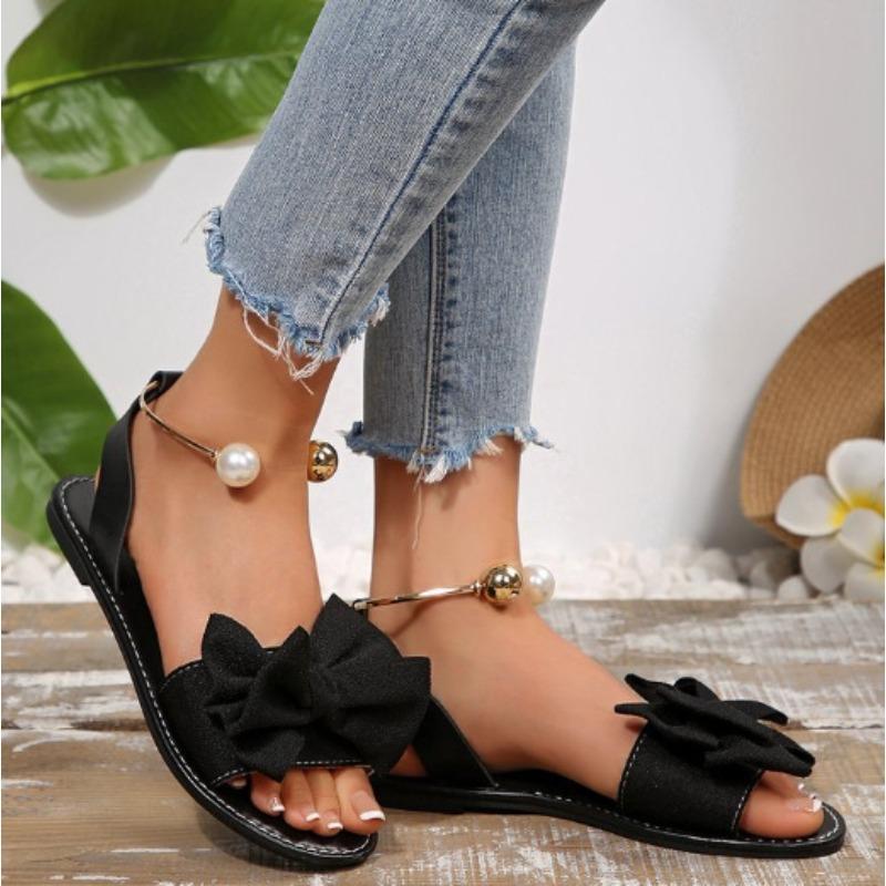 Women's Solid Color One-Strap Flat Sandals with Bow Decor, Lightweight Comfortable Design for Outdoor Casual Wear